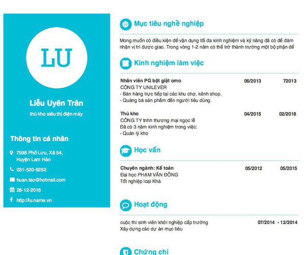 Mẫu CV thủ kho siêu thị điện máy