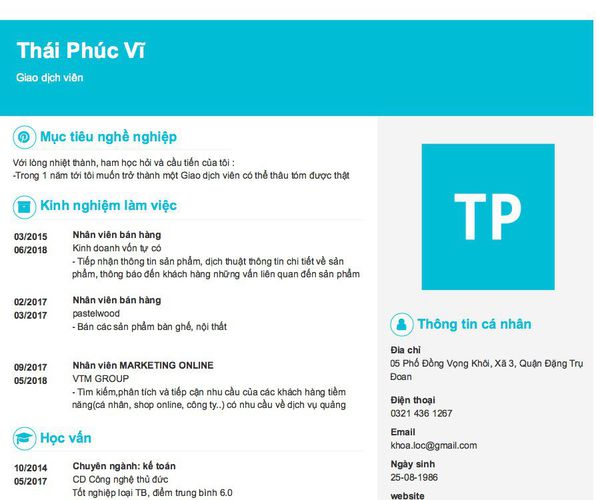 Mẫu CV Giao dịch viên