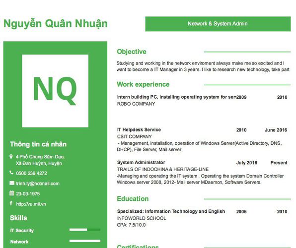 Mẫu CV Network & System Admin