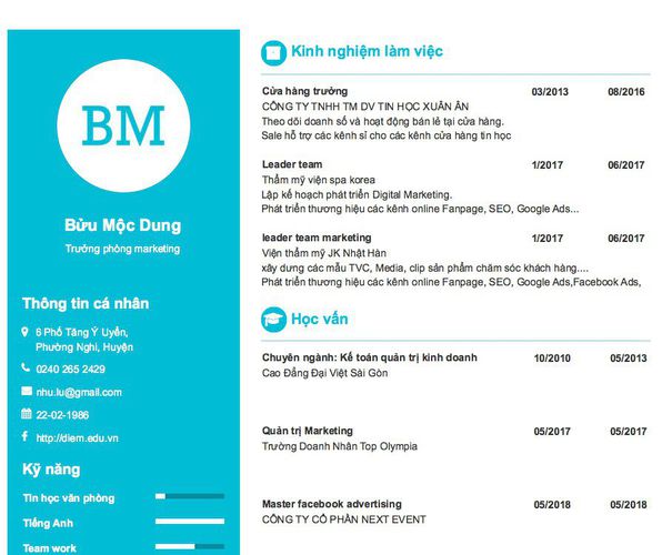 Mẫu CV Trưởng phòng marketing