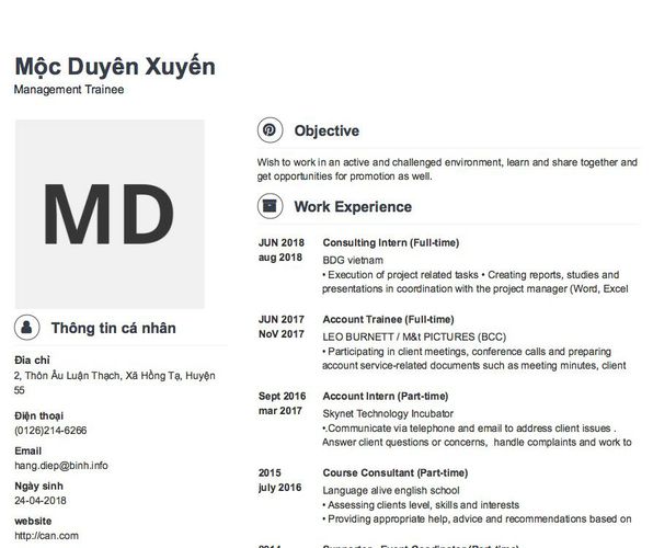 Mẫu CV Management Trainee
