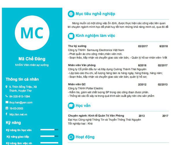 Mẫu CV NHÂN VIên nhân sự xưởng