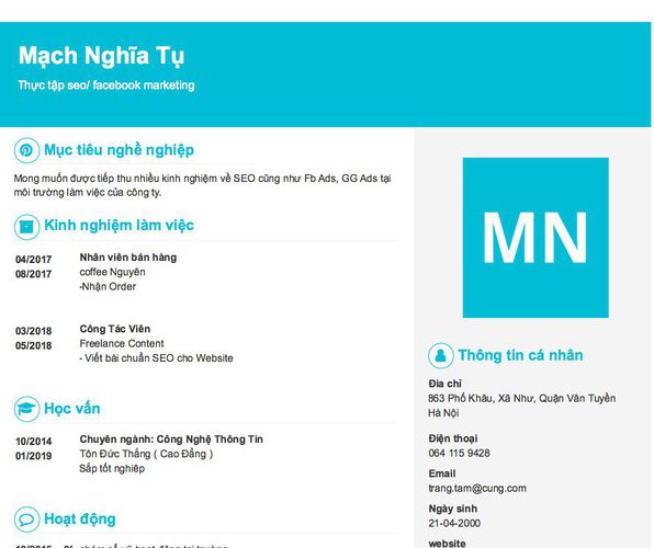 Mẫu CV Thực tập seo/ facebook marketing