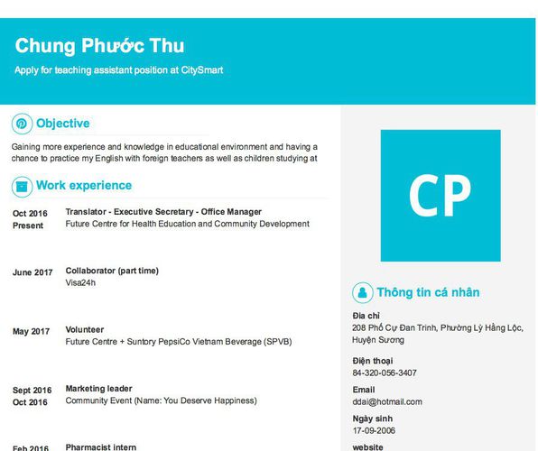 Mẫu CV Apply for teaching assistant position at CitySmart