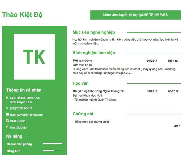 Mẫu CV Nhân viên it/quản trị mạng/LẬP TRÌNH WEB