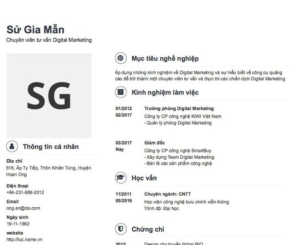 Mẫu CV Chuyên viên tư vấn Digital Marketing