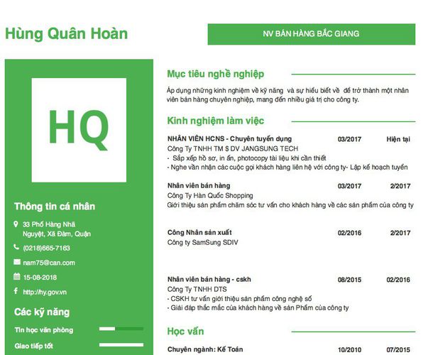 Mẫu CV NV BÁN HÀNG BẮC GIANG
