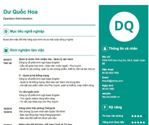 Mẫu CV Operation Administration