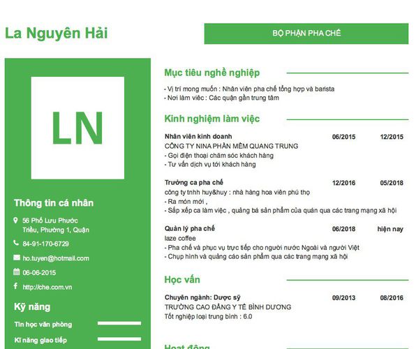 Mẫu CV  BỘ PHẬN PHA CHẾ