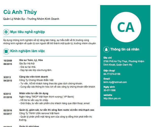 Gợi ý cách viết Mẫu CV tham khảo Quản Lý Nhân Sự - Trưởng Nhóm Kinh Doanh