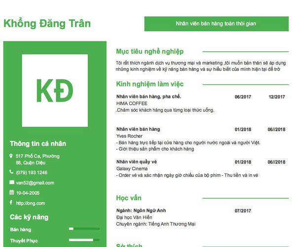 Mẫu CV Nhân viên bán hàng toàn thòi gian