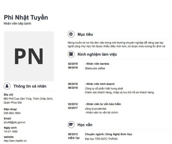 Mẫu CV Nhân viên bếp bánh