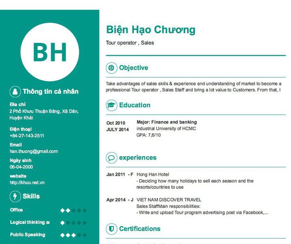 Mẫu CV Tour operator , Sales