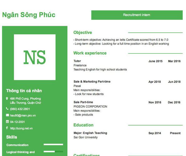 Mẫu CV Recruitment intern