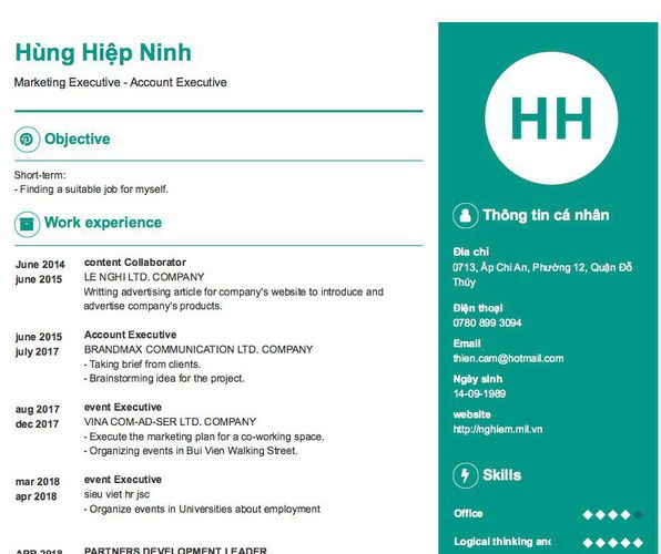 Mẫu CV Marketing Executive - Account Executive
