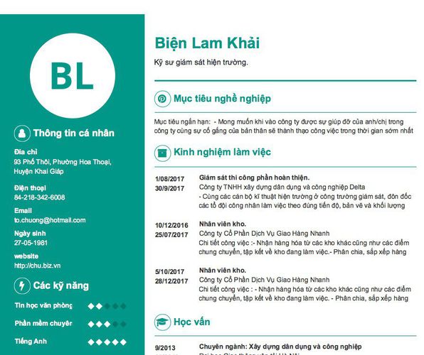 Mẫu CV Kỹ sư giám sát hiện trường.