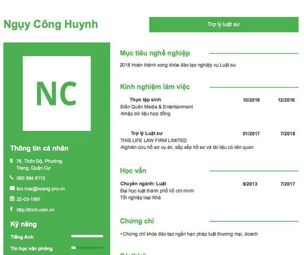 Mẫu CV Trợ lý luật sư