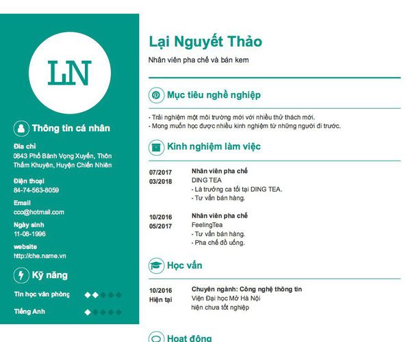 Mẫu CV Nhân viên pha chế và bán kem
