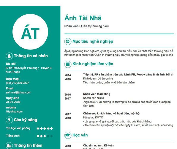 Mẫu CV Nhân viên Quản trị thương hiệu