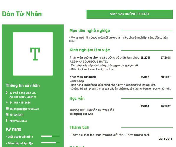 Mẫu CV Nhân viên BUỒNG PHÒNG
