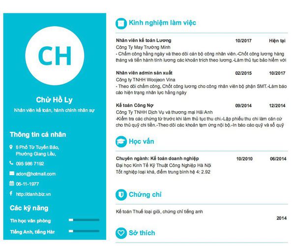 Mẫu CV Nhân viên kế toán, hành chính nhân sự
