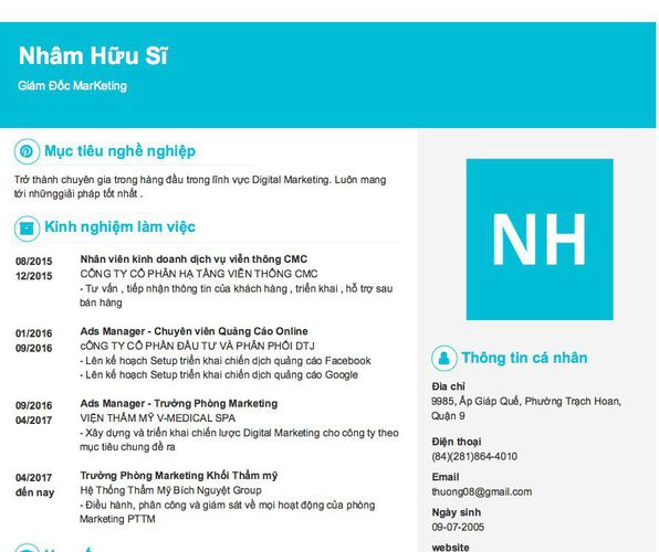 Mẫu CV Giám Đốc MarKeting
