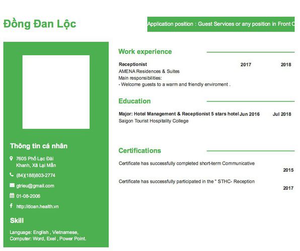 Mẫu CV Application position : Guest Services or any position in Front Office Department