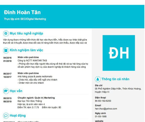 Mẫu CV Thực tập sinh SEO/Digital Marketing