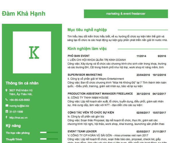 Mẫu CV marketing & event freelancer