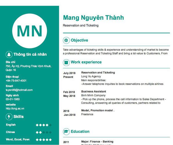 Mẫu CV Reservation and Ticketing