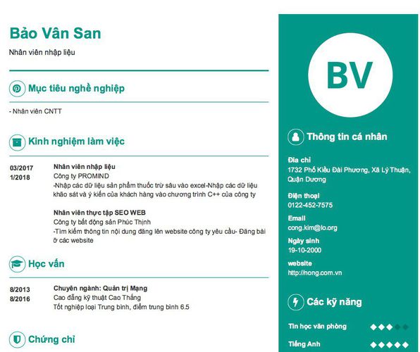 Mẫu CV Nhân viên nhập liệu