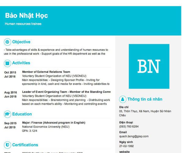 Mẫu CV Human resources trainee