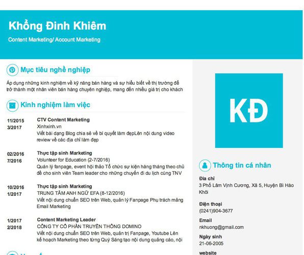 Mẫu CV Content Marketing/ Account Marketing