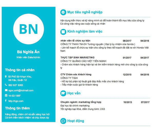 Mẫu CV Nhân viên Sale Admin