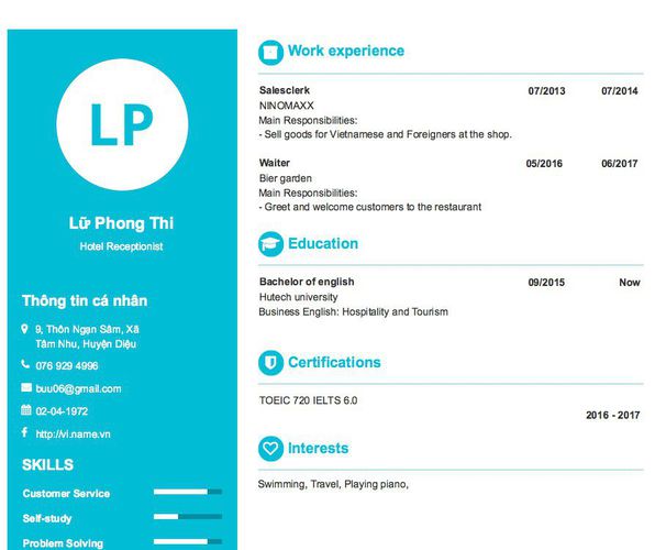 Mẫu CV Hotel Receptionist