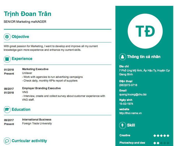 Mẫu CV SENIOR Marketing maNAGER