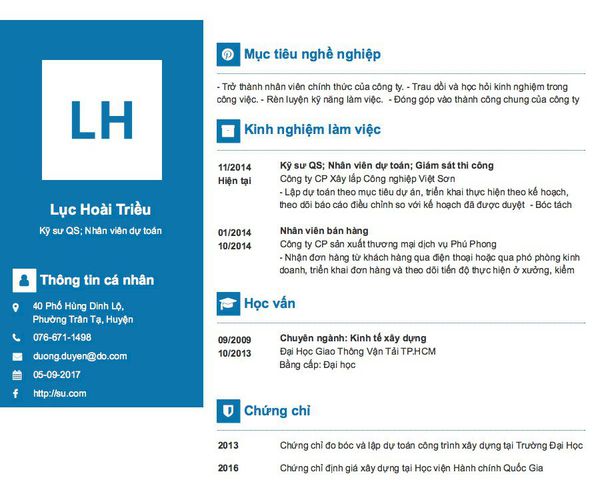 Mẫu CV Kỹ sư QS; Nhân viên dự toán