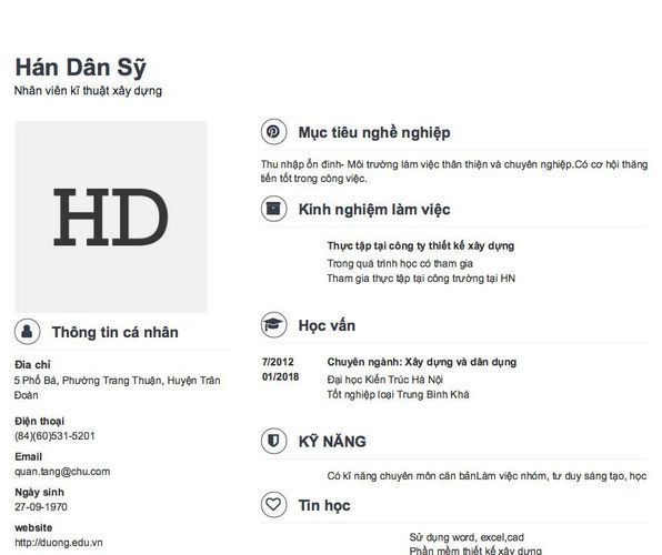 Mẫu CV Nhân viên kĩ thuật xây dựng