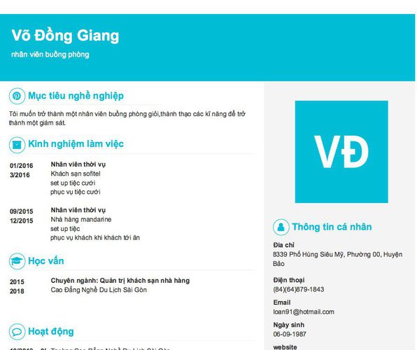 Mẫu CV nhân viên buồng phòng