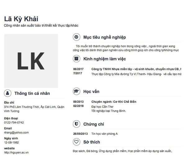 Mẫu CV Công nhân sản xuất/ bảo trì/thiết kế/ thực tập/khác