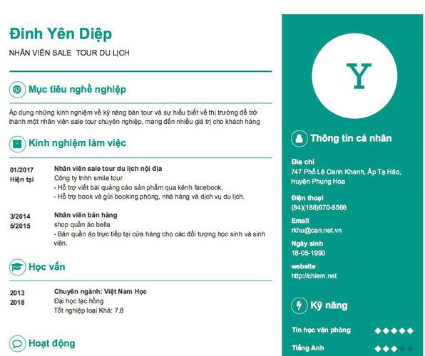 Gợi ý cách viết Mẫu CV tham khảo NHÂN VIÊN SALE  TOUR DU LỊCH