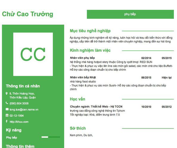 Mẫu CV phụ bếp