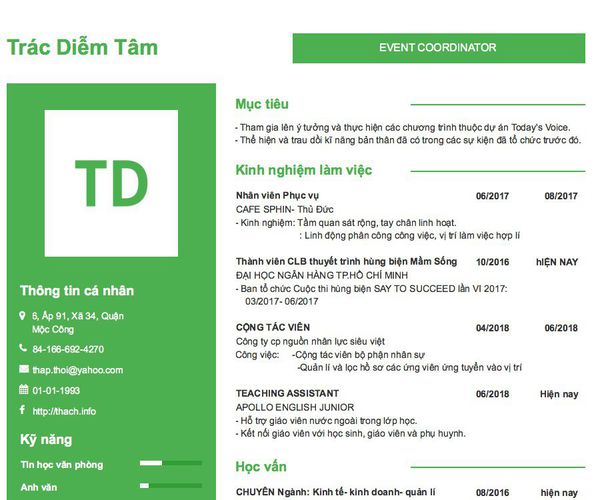 Mẫu CV EVENT COORDINATOR