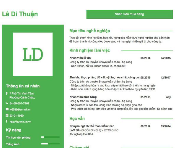 Mẫu CV Nhân viên mua hàng