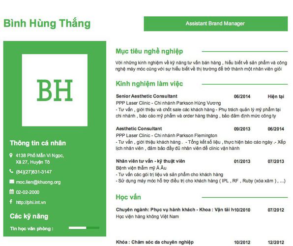 Mẫu CV Assistant Brand Manager