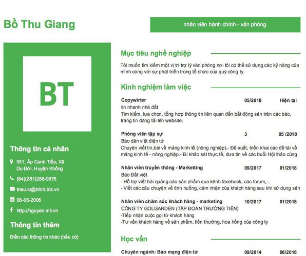 Mẫu CV nhân viên hành chính - văn phòng