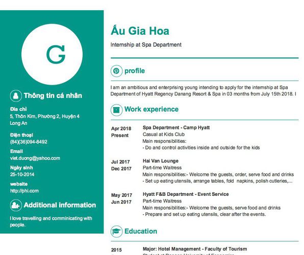 Mẫu CV Internship at Spa Department