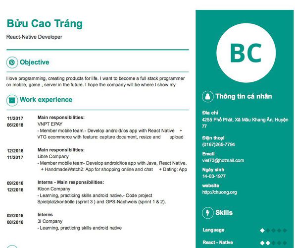 Mẫu CV React-Native Developer