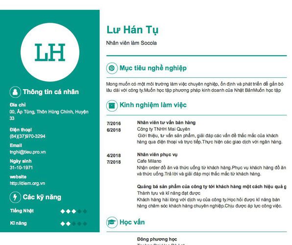 Mẫu CV Nhân viên làm Socola