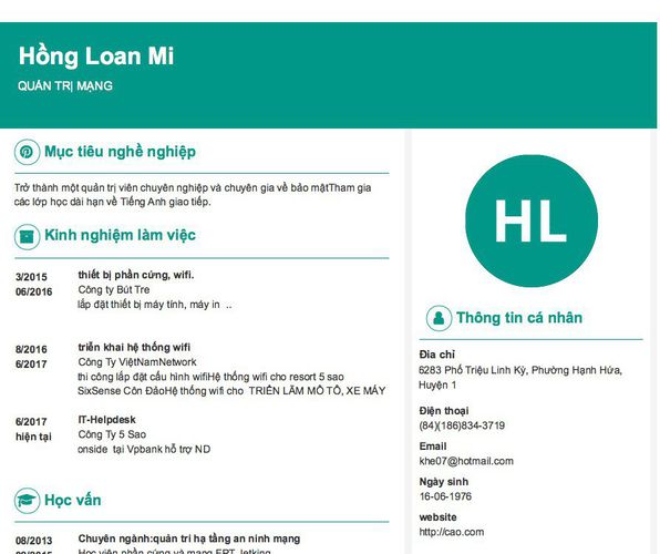 Mẫu CV QUẢN TRỊ MẠNG